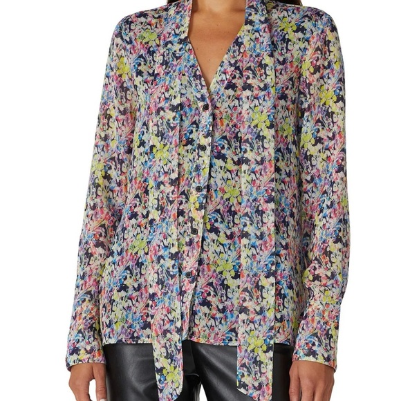 Jason Wu Tops - JASON WU Collection Floral Multicolor Lined Women’s Blouse w Attached Neck Tie